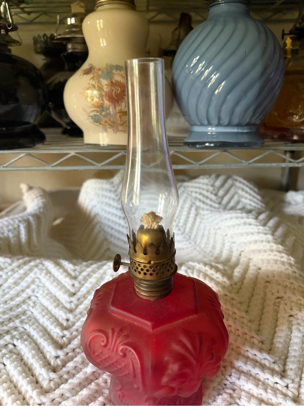 Vintage Red Satin Glass
Miniature Oil Lamp with Embossed Scrollwork